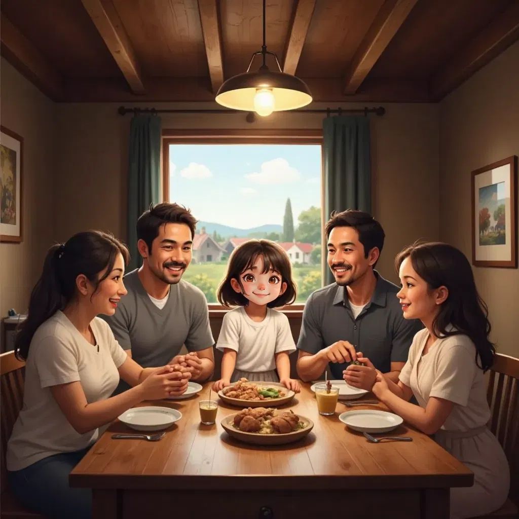 A family seated around a dinner table in a warm village home, with a small girl (Lily) beaming proudly as everyone smiles at her