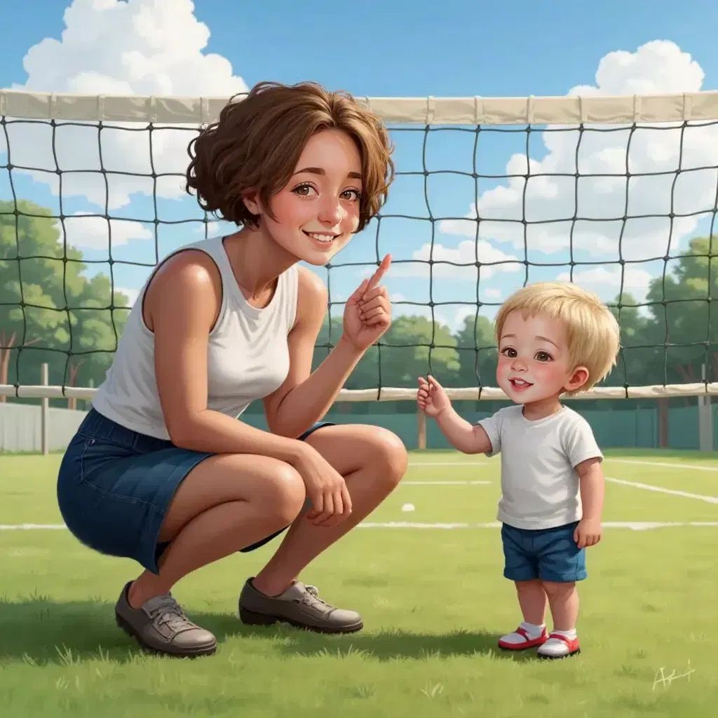 Ava kneeling beside Jens, pointing at the first rope of the net, encouraging him
