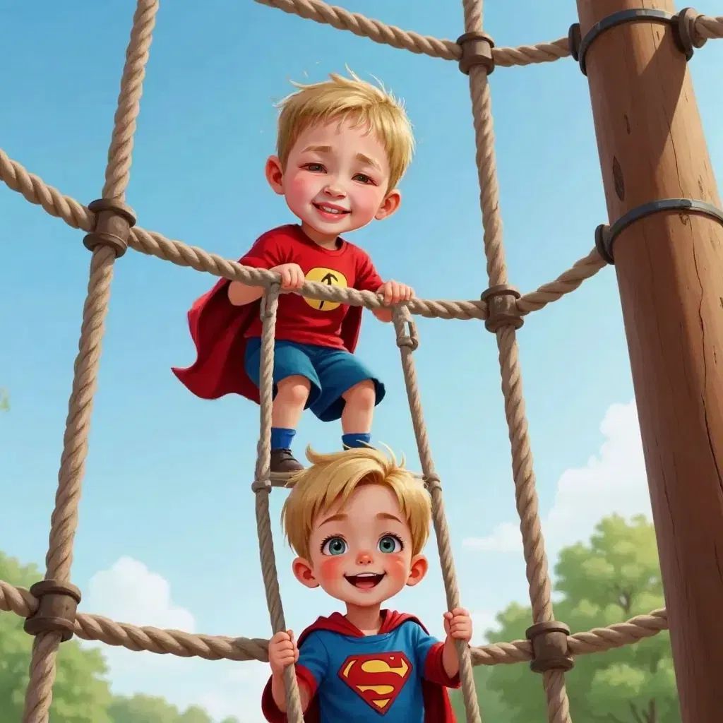 Jens at the top of the rope net, smiling brightly, Lex watching from below with wide eyes