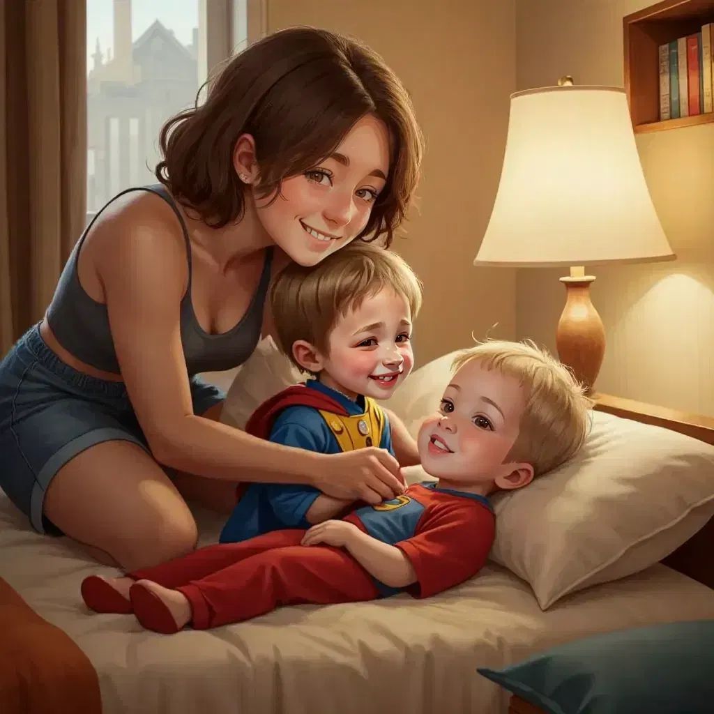 Ava tucking Jens and Lex into bed, speaking softly