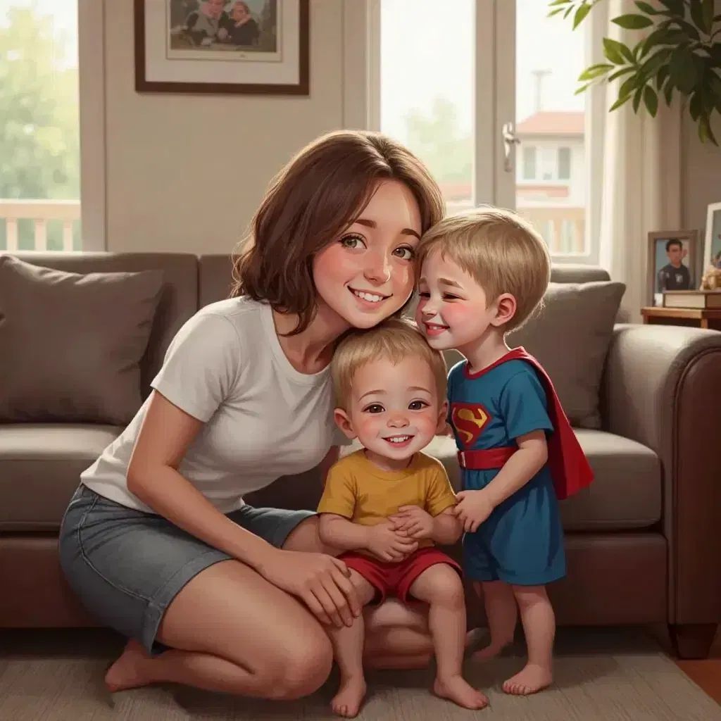 Ava smiling, kissing Jens and Lex's foreheads, both looking peaceful