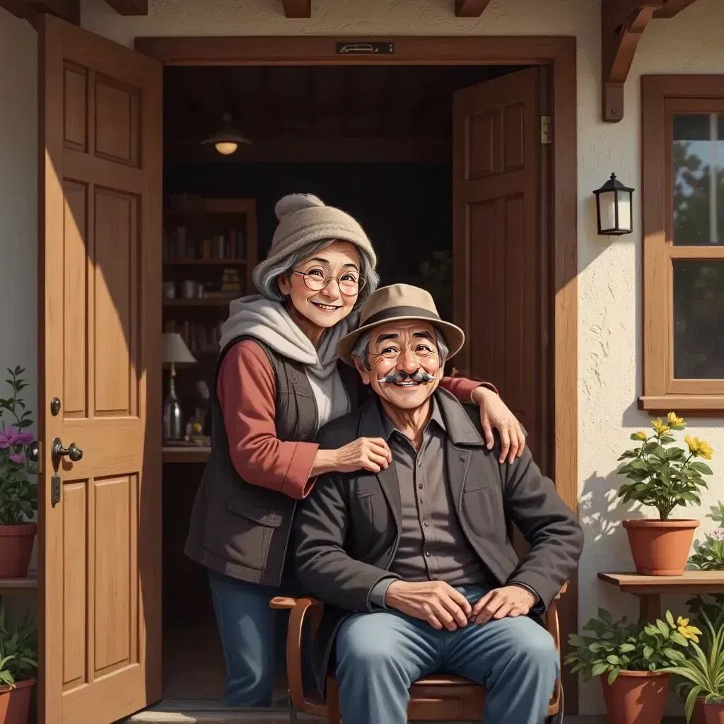 Salazar's grandma, wearing glasses and a cozy hat, hugging Salazar warmly at the entrance of a cozy cottage. Salazar's grandpa, a fat sphynx cat with a farm hat, smiling nearby.