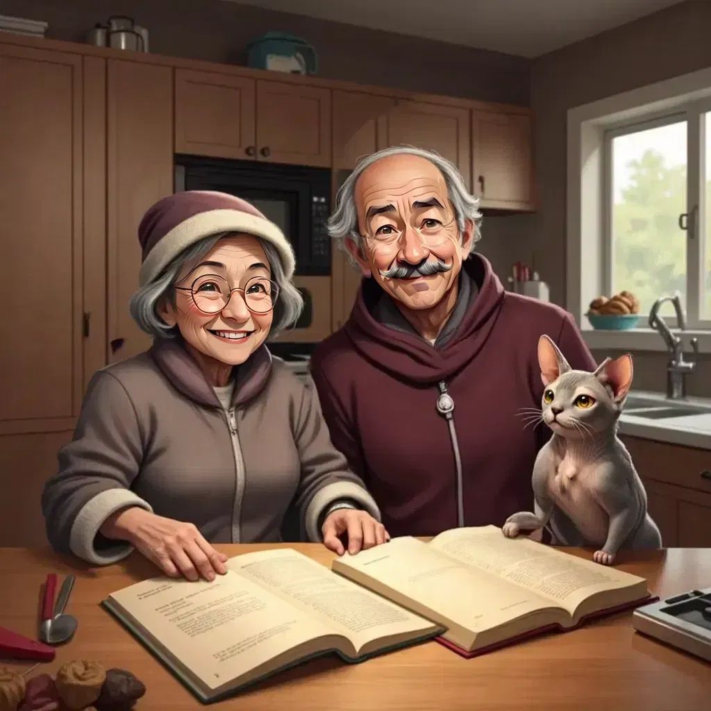 Salazar peering curiously at open recipe books spread by Grandma. Salazar's grandpa, a fat sphynx cat with gray whiskers, thoughtfully stroking them. A kitchen countertop filled with measuring cups and bowls.