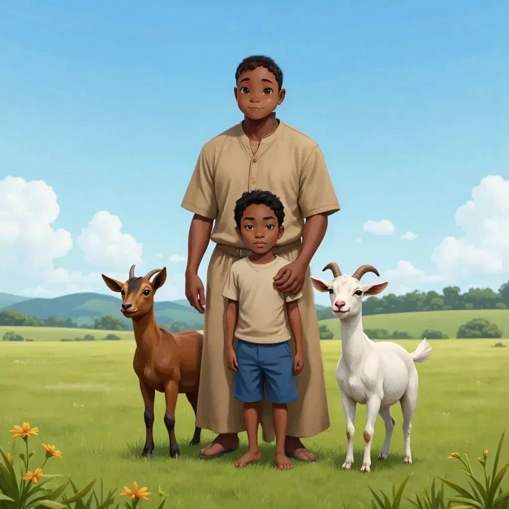 Kato with a joyful expression, standing next to a goat, his father in the background