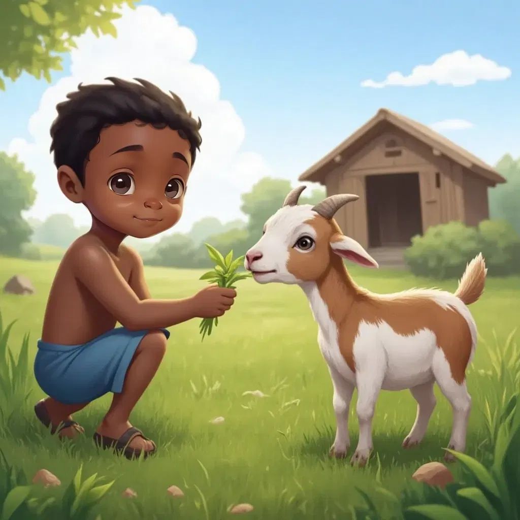 Kato feeding his goat fresh green grass, a barn in the background