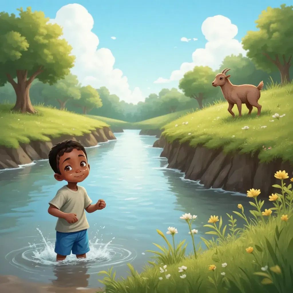 Kato splashing joyfully by a river's edge, his goat grazing on a nearby hill