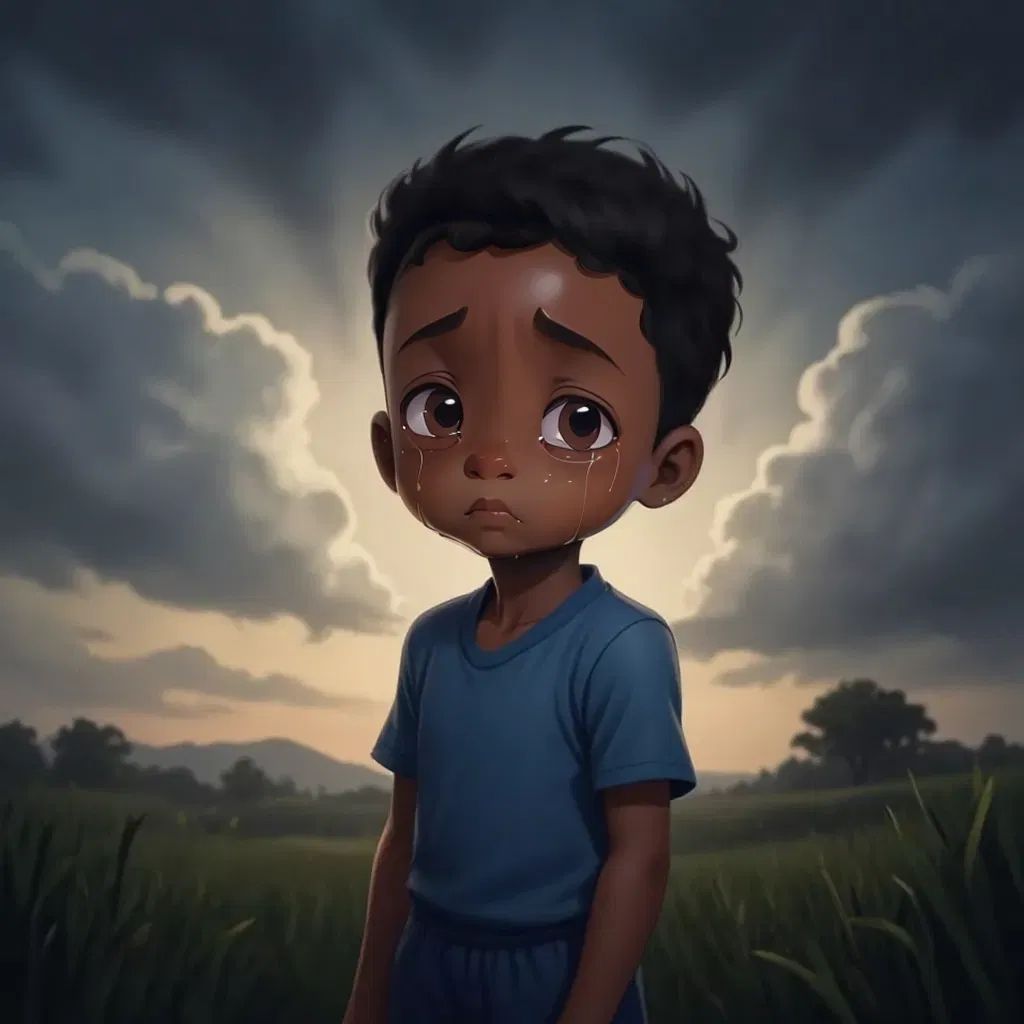 Tears on Kato's face as he stands under a darkening sky