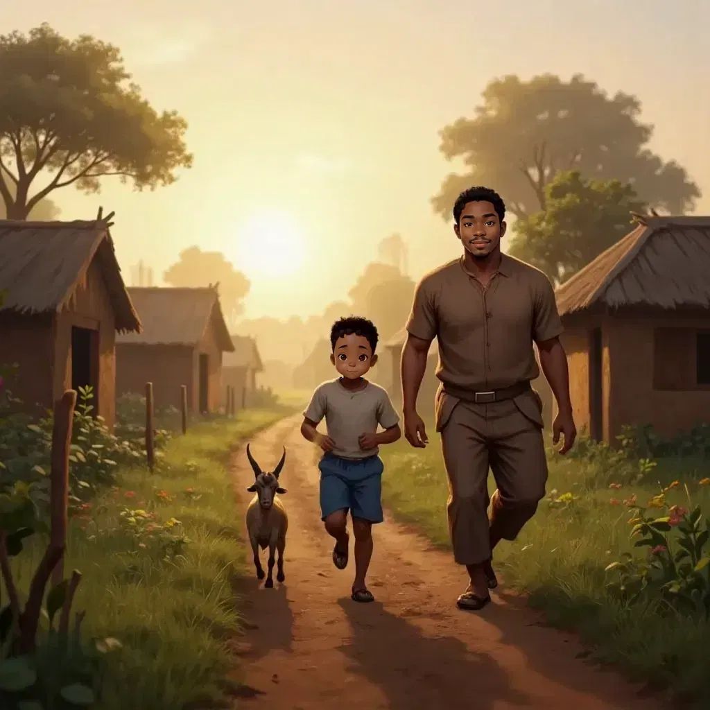 Kato and his father running through village paths at dawn