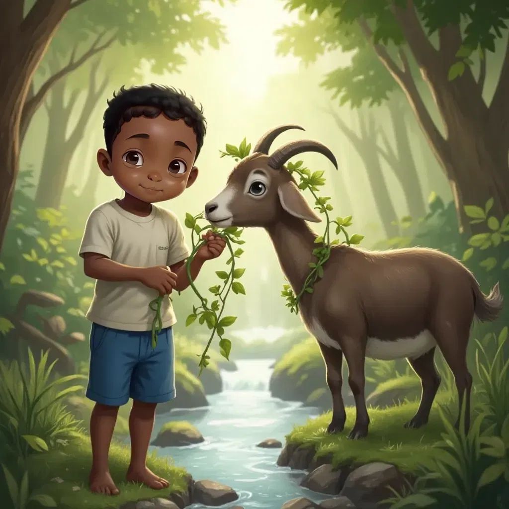 Kato freeing his goat from vines by a stream, both looking relieved
