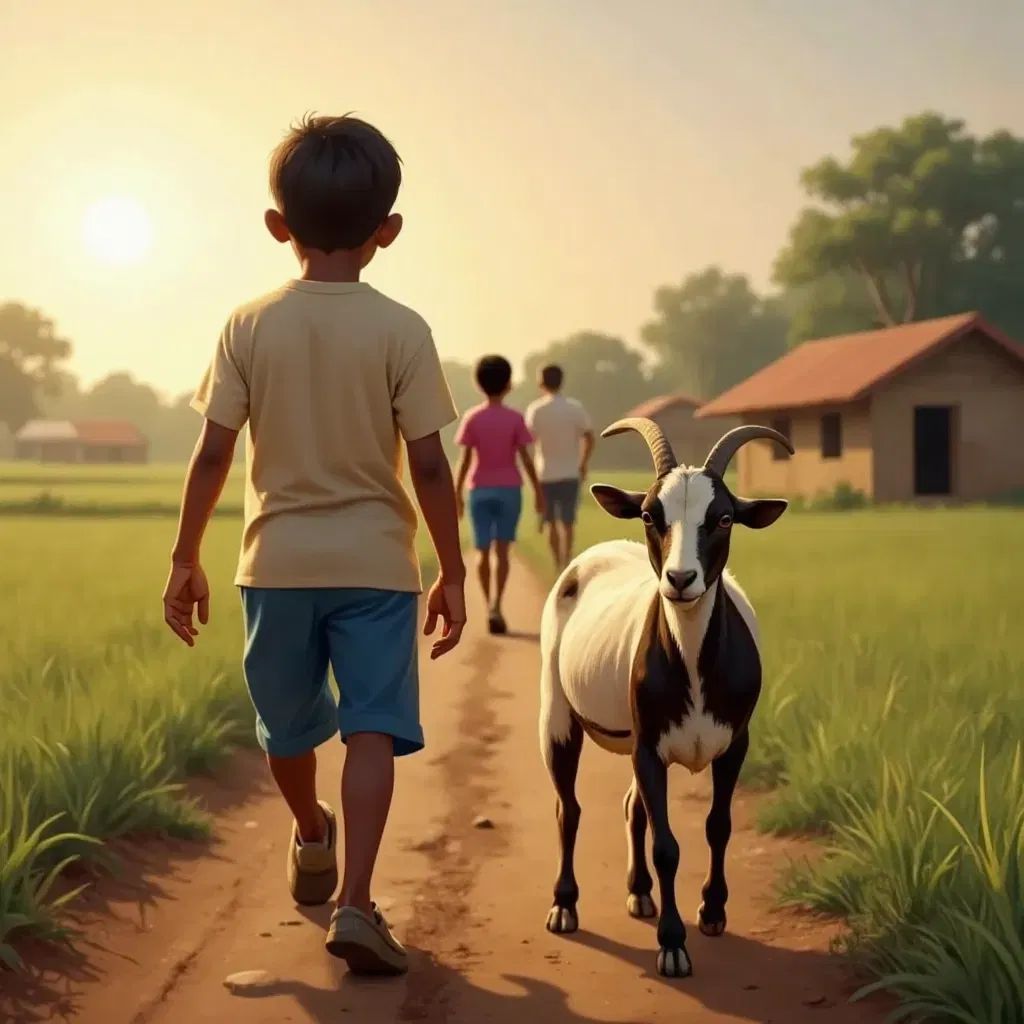 Kato walking proudly beside his goat back to the village