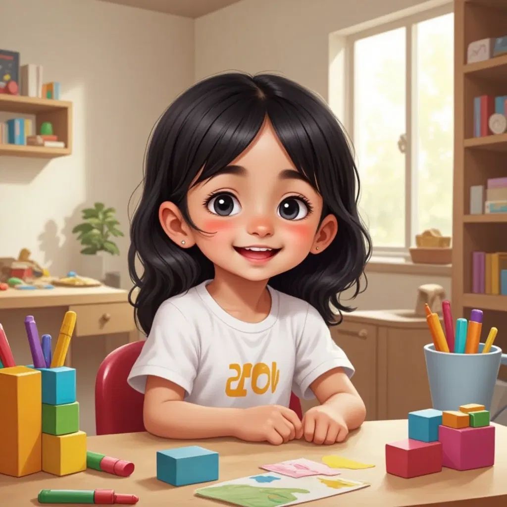 Lily, a bright and cheerful six-year-old girl, playing with colorful blocks and crayons on a table