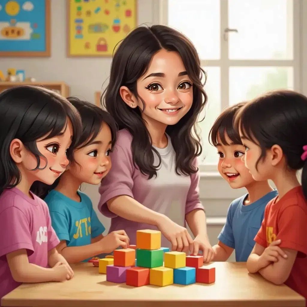 Lily reaching for blocks on a table in Miss Rosa's classroom, while other children ask politely for their turns