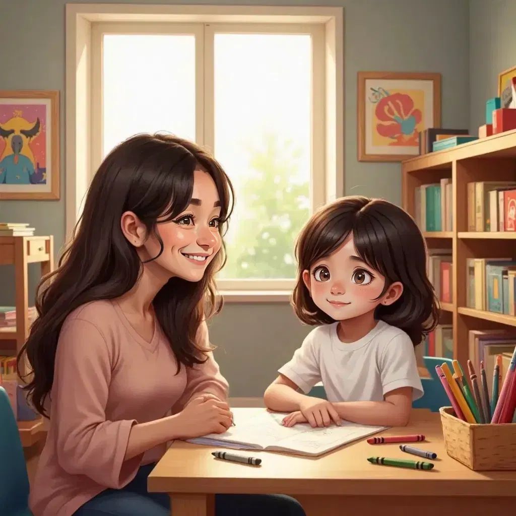Miss Rosa, a 31-year-old woman, gently talking to a confused Lily at the art table filled with crayons
