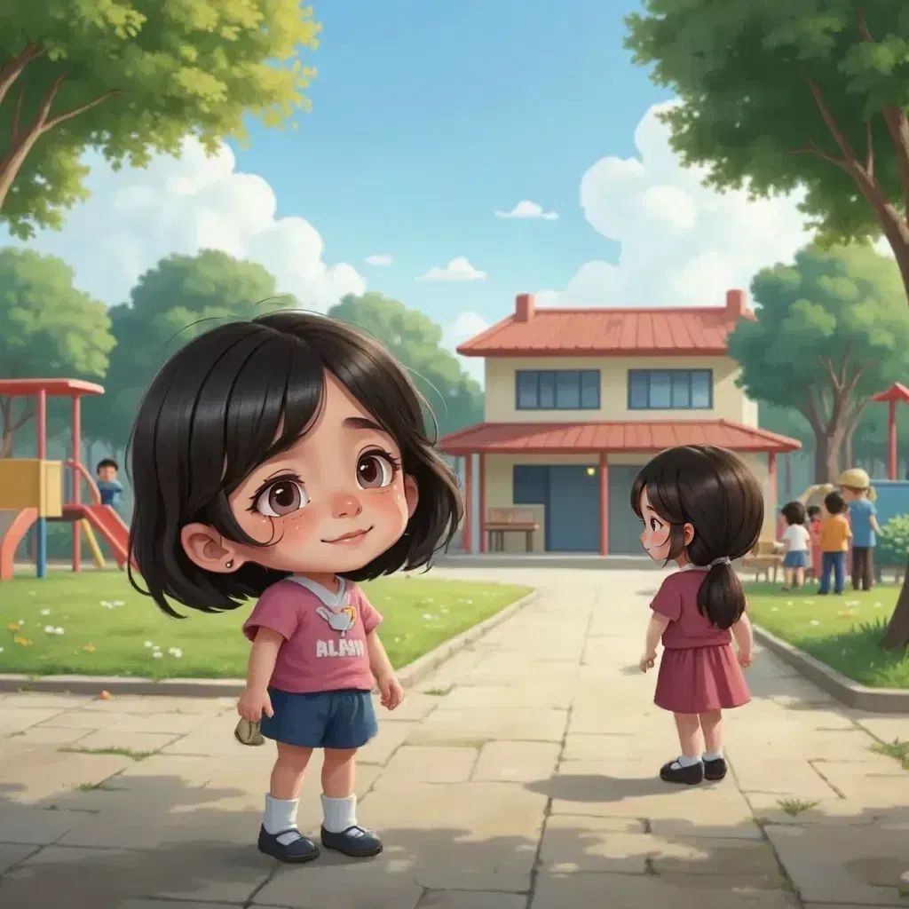 Lily with tears in her eyes, standing alone at recess, while Sam walks away in the background