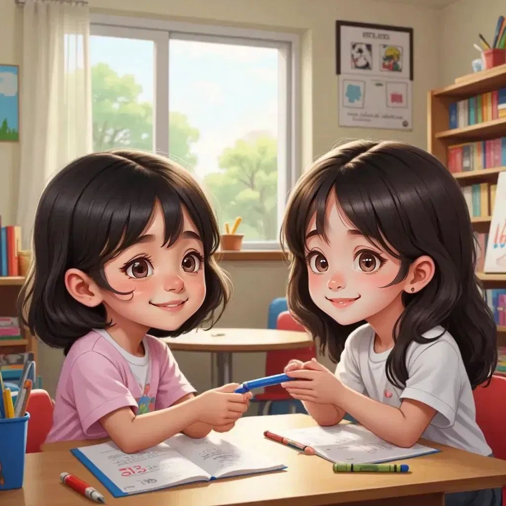 Lily smiling and asking Sam for a blue crayon, Sam surprised and handing it over