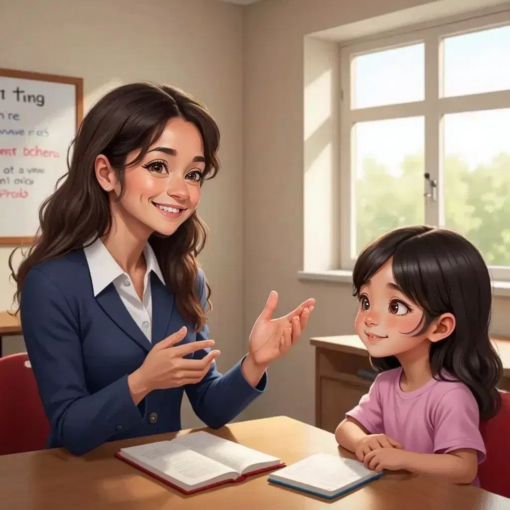 Miss Rosa explaining the importance of 'please' and 'thank you' to an attentive Lily