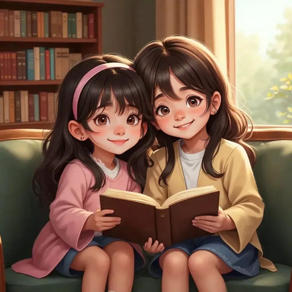 Sam and Lily giggling together, holding a book and ready to read