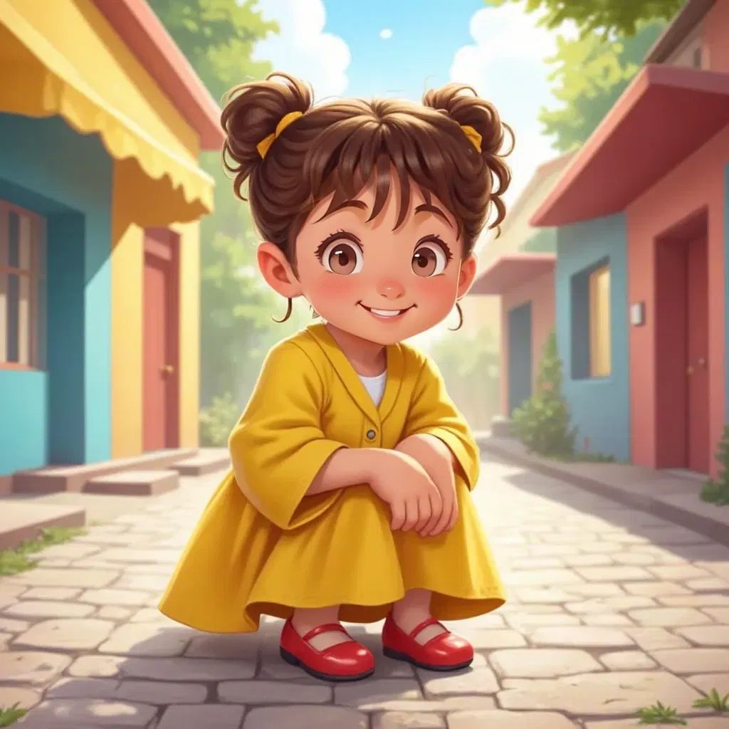 Rita with curly brown pigtails crouching down on a colorful cobblestone street, smiling happily in a bright yellow dress, buildings painted in cheerful colors in the background.