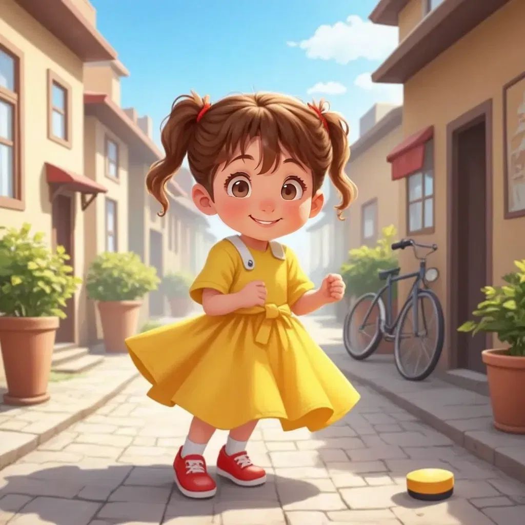 Rita in a bright yellow dress, walking down a cobblestone street with flower pots and a leaning bicycle, looking excitedly at a puck rolling away.