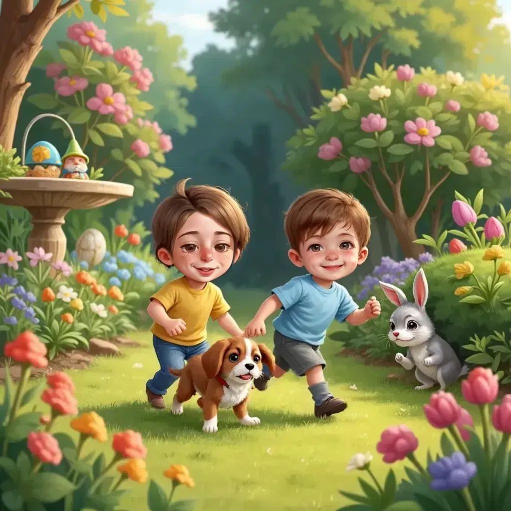 Eli and Jax playing with their puppy Patch in a garden, a worried Easter Bunny peeking from behind bushes