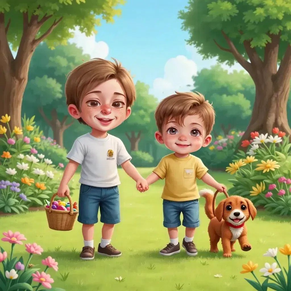 Eli holding Jax's hand with small baskets, Patch wagging his tail excitedly