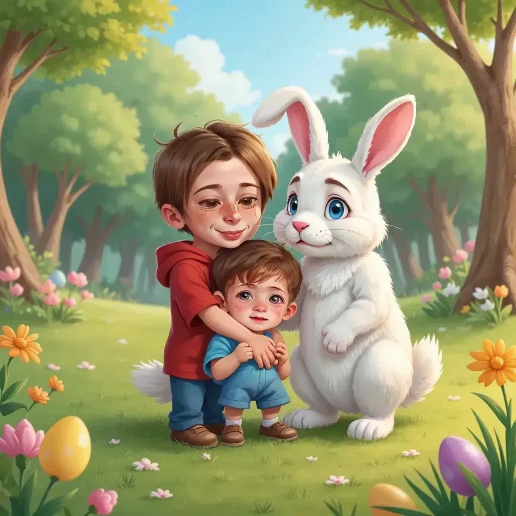 Eli hugging a scared Jax, the Easter Bunny looking sad