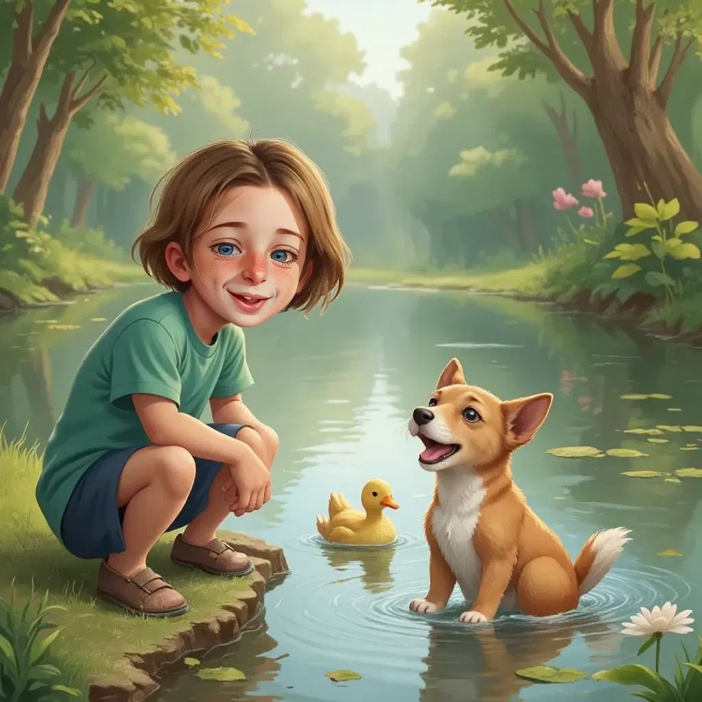 Eli politely asking a mother duck at a pond, Patch barking happily