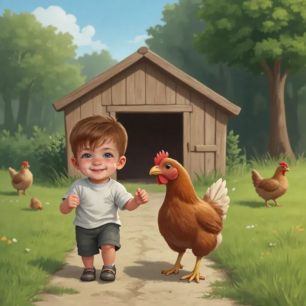 Jax giggling as a friendly hen follows them, chicken coop in the background