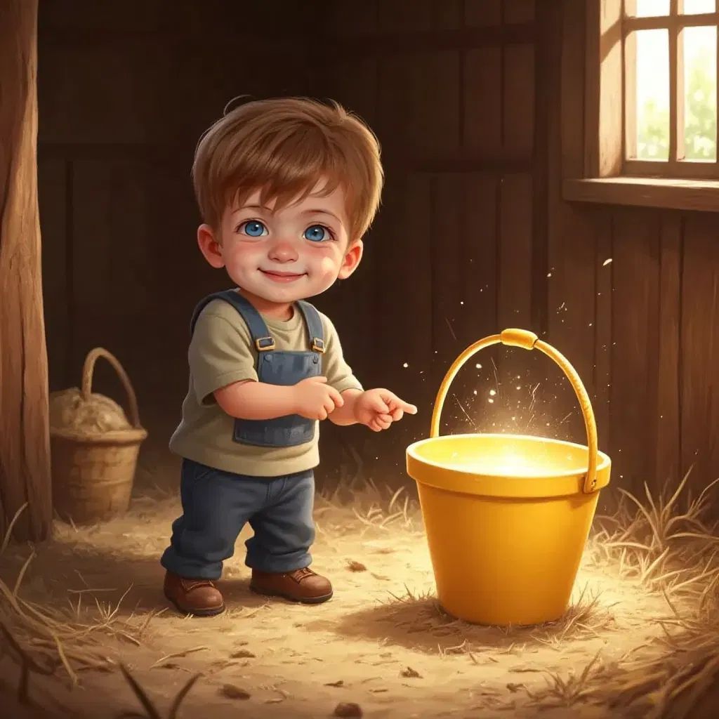 Jax pointing at a shiny yellow bucket in a barn filled with hay