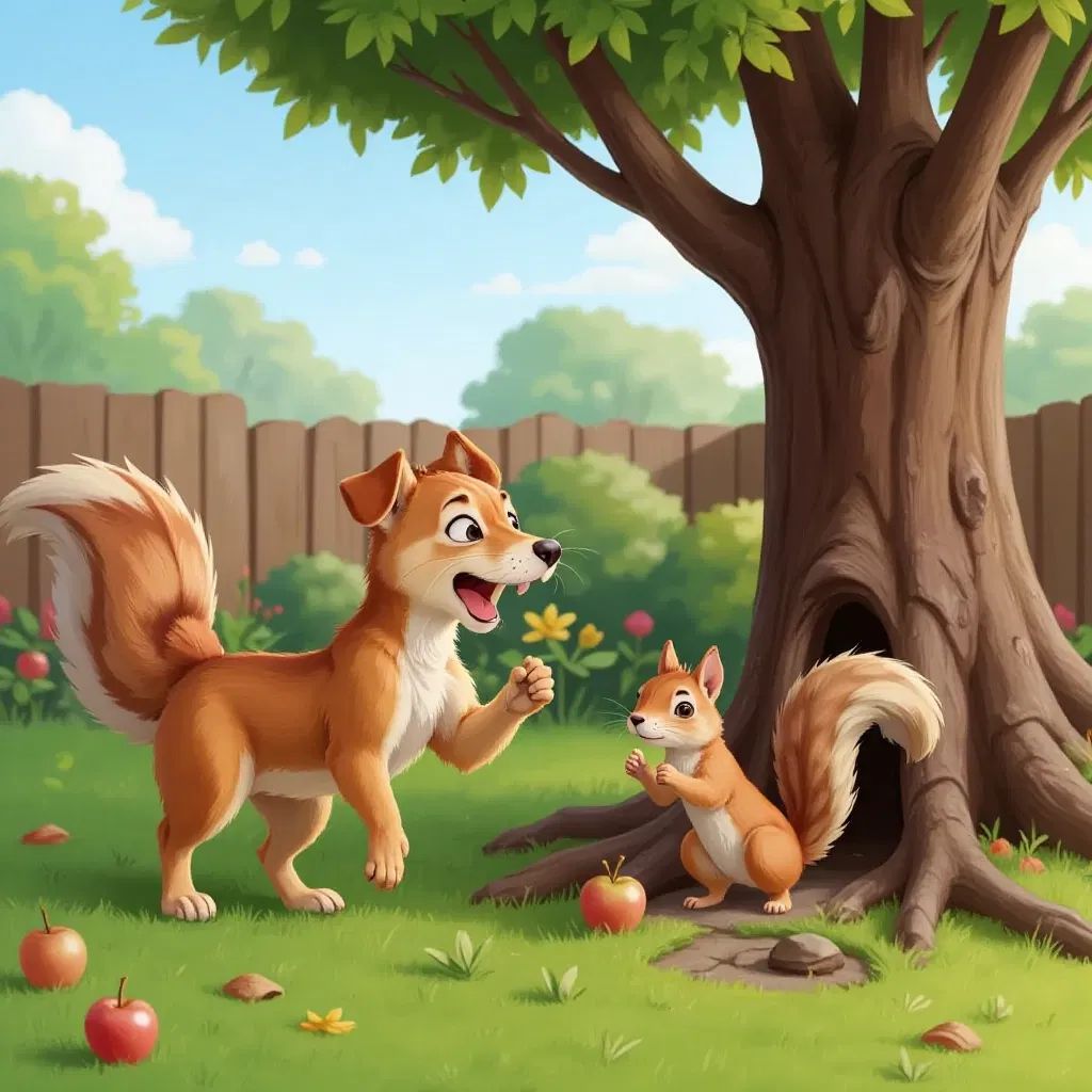 Patch barking at an old apple tree, a squirrel peeking out from a hole