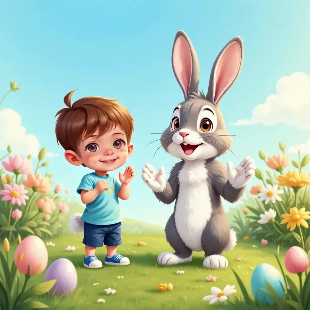 Jax clapping his hands excitedly, the Easter Bunny looking hopeful