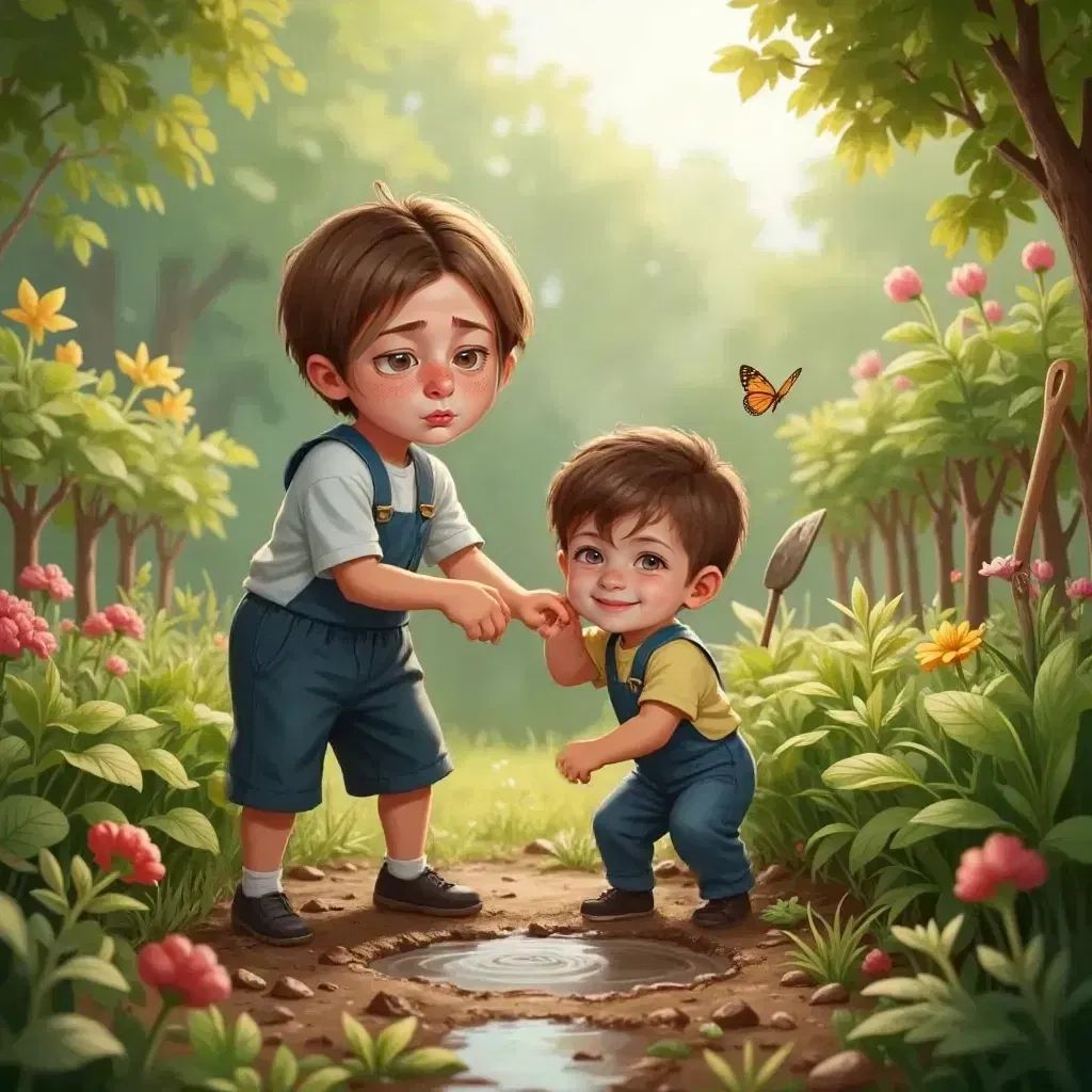 Eli catching Jax near a muddy puddle in a vegetable garden