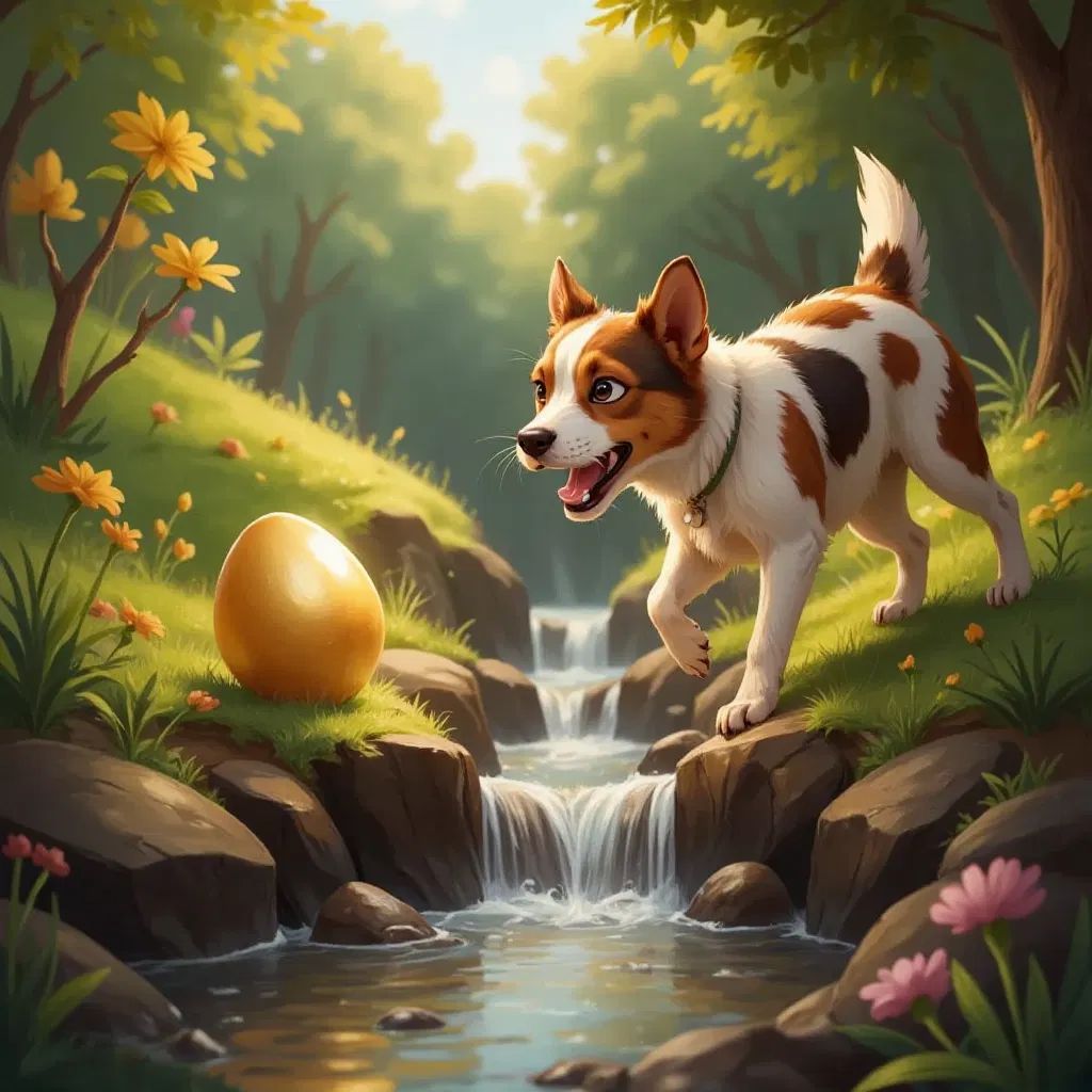 Patch barking at a small stream, a shining golden egg between rocks