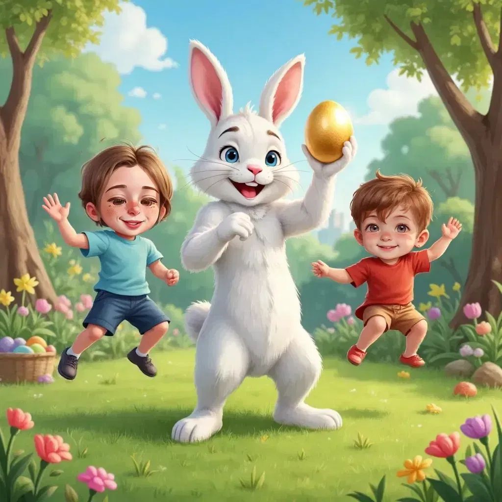 The Easter Bunny holding the golden egg, Eli and Jax jumping with joy
