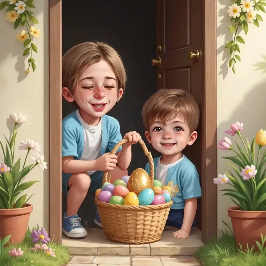Eli and Jax finding Easter baskets with chocolate eggs and golden egg badges outside their door
