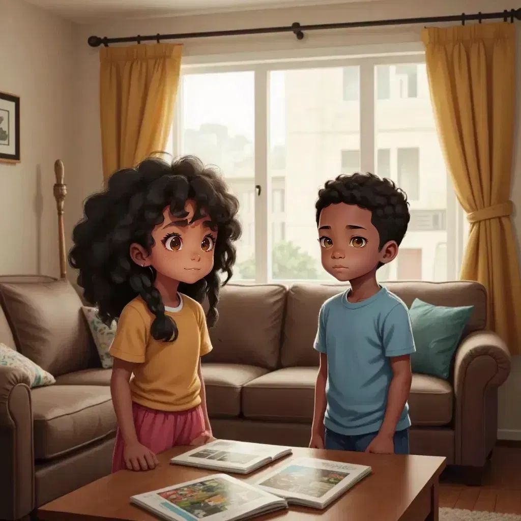 Rachel with neat braids and Malik with quick feet, standing in a living room, both looking annoyed