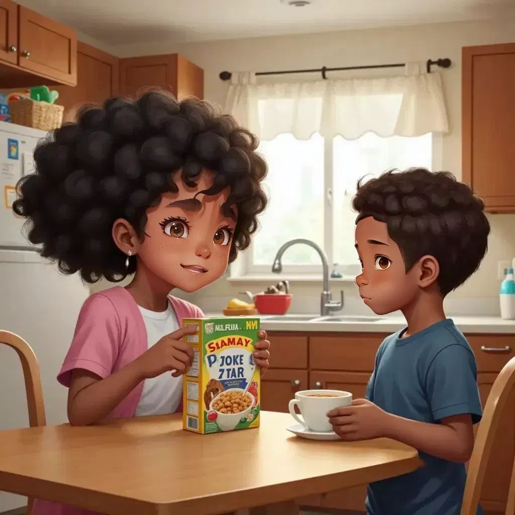 Rachel and Malik arguing over a cereal box on a kitchen table