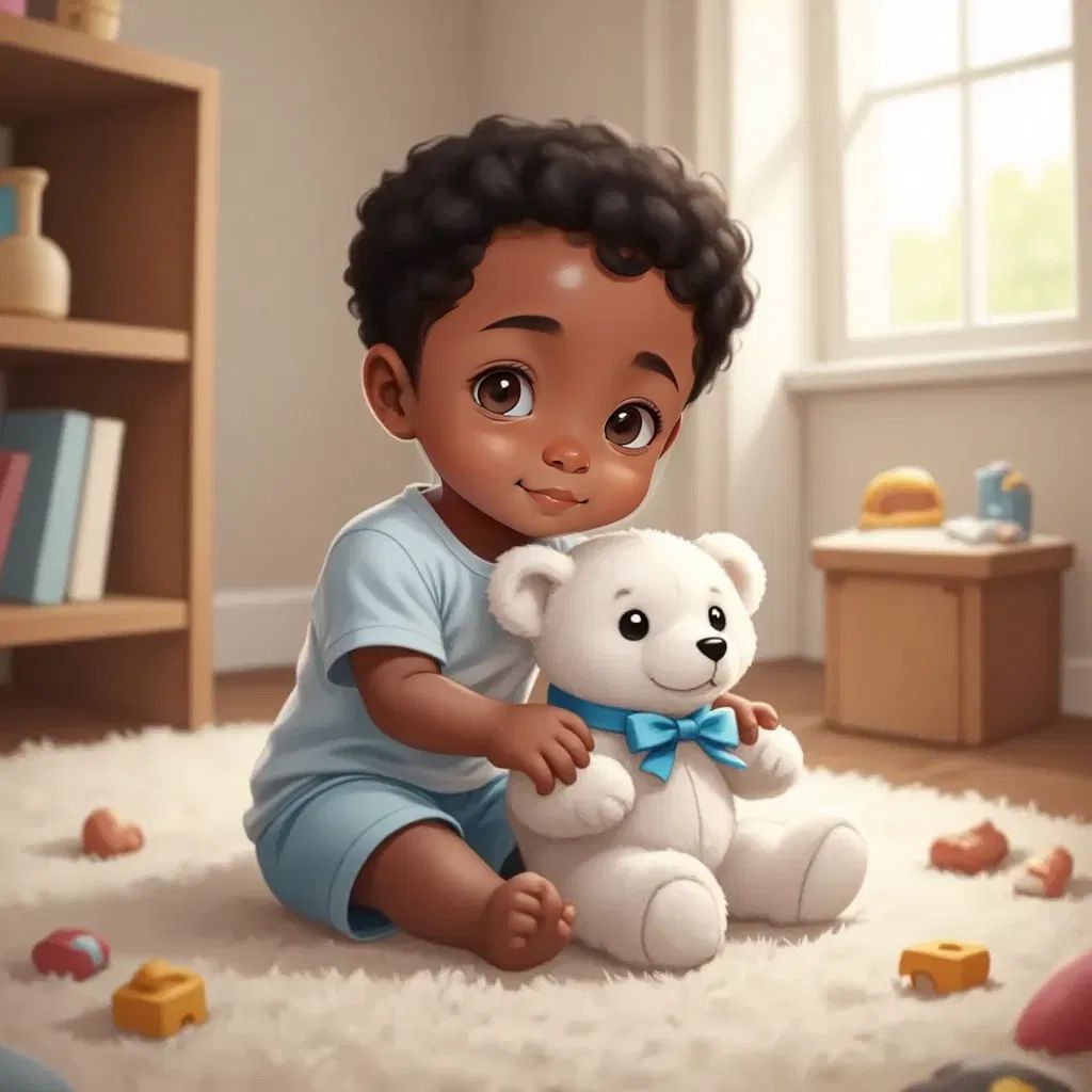 Jamal with bright eyes holding a white teddy bear with a blue bow, sitting on the floor
