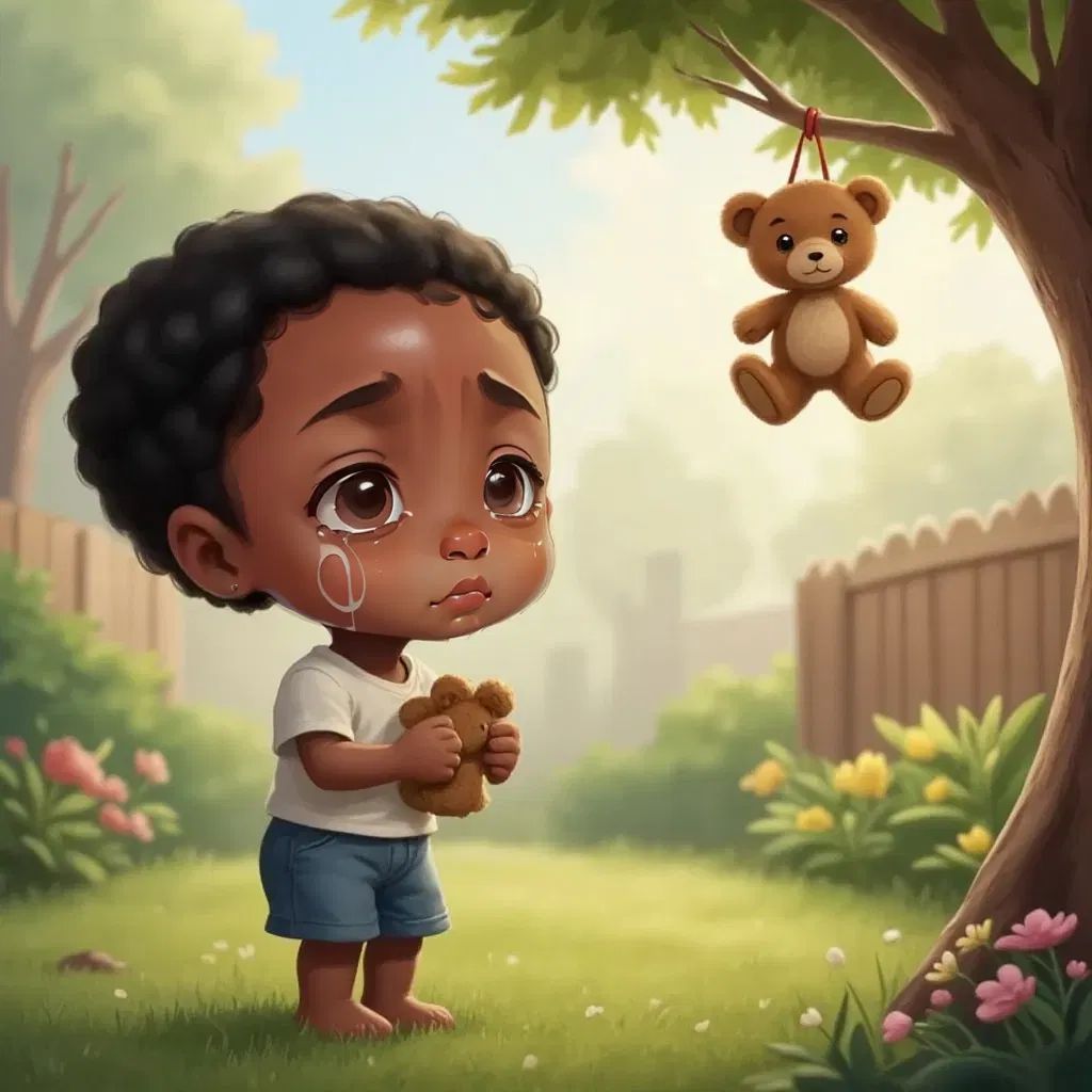 Jamal crying in a backyard, looking up at a teddy bear stuck in a tree