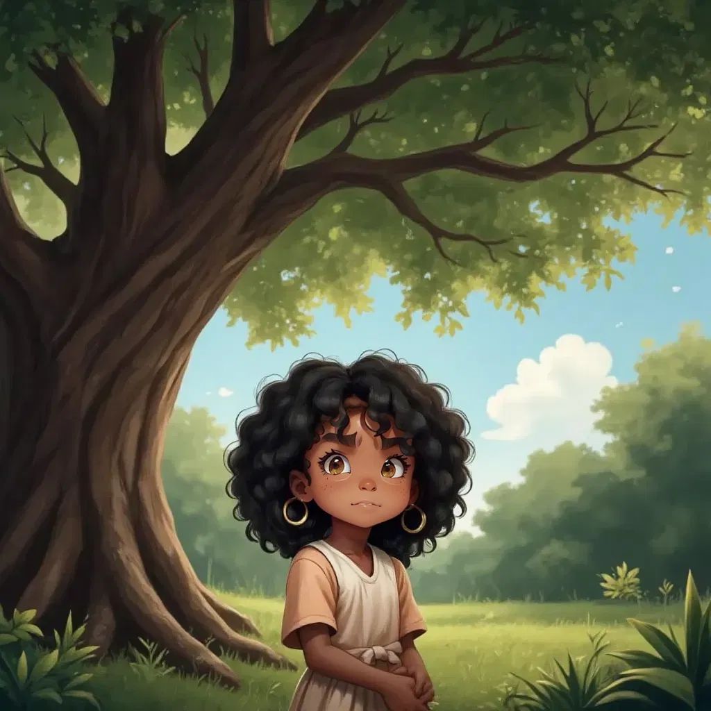 Rachel standing under a tall tree, looking up with a frustrated expression