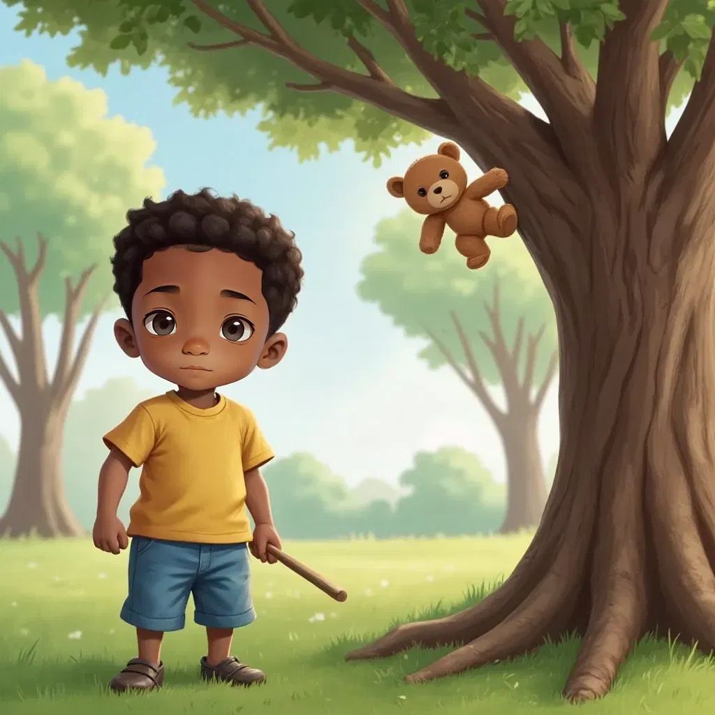 Malik holding a stick, looking up at a teddy bear in a tree with a frown
