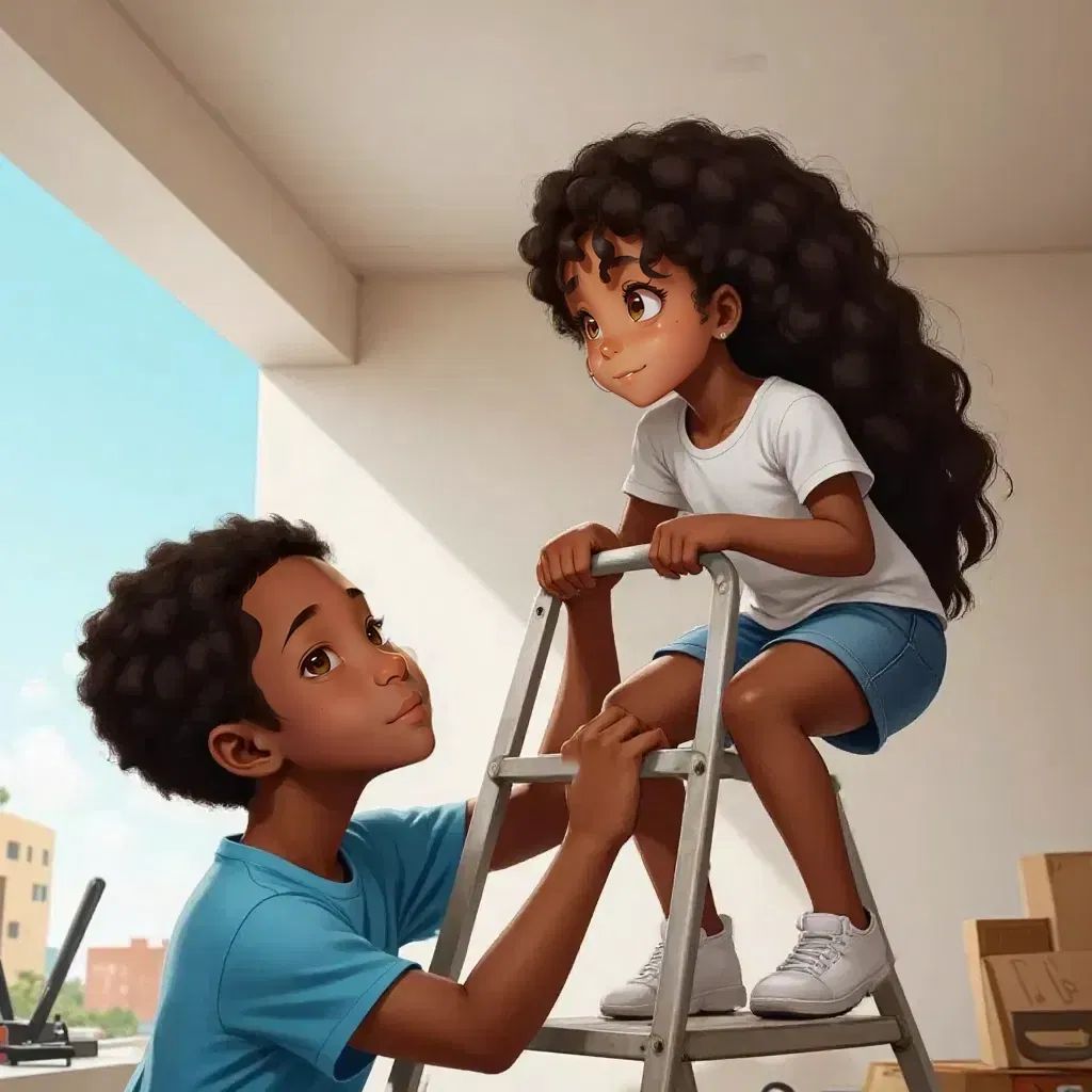 Malik holding a ladder steady as Rachel climbs, both focused