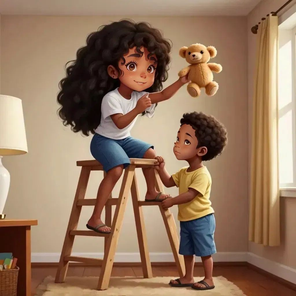 Rachel reaching out from the top of a ladder, grabbing the teddy bear with Malik supporting her