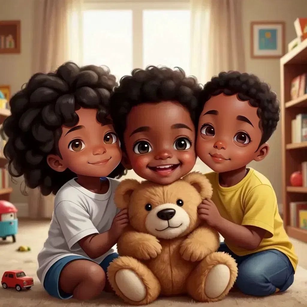 Jamal hugging his teddy bear with a big smile, Rachel and Malik cheering beside him