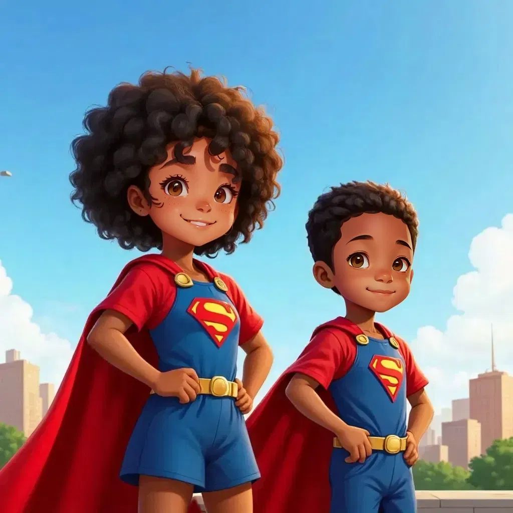 Rachel and Malik wearing superhero capes, smiling confidently