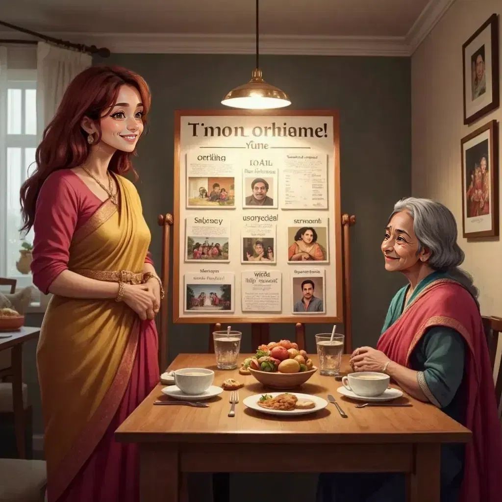 Mom Me with a satisfied smile, looking at a vision board filled with goals and pictures. Father and Mother sitting at a dinner table, listening attentively.