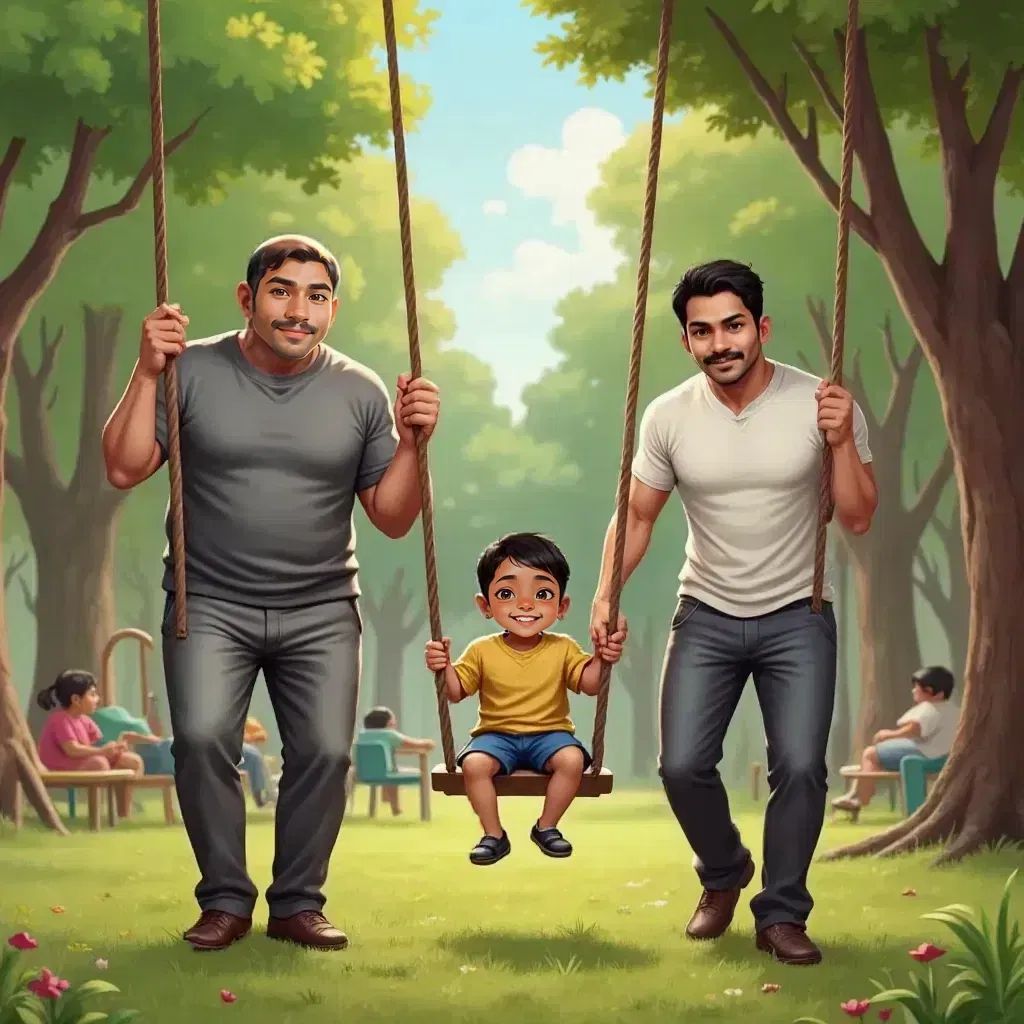 Father and Husband cheerfully pushing Baby on a swing at a park. Trees and playground equipment in the background.