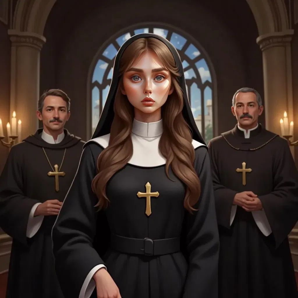 Osyth with flowing light brown hair hurriedly taking vows to become a nun in front of two bishops in secret