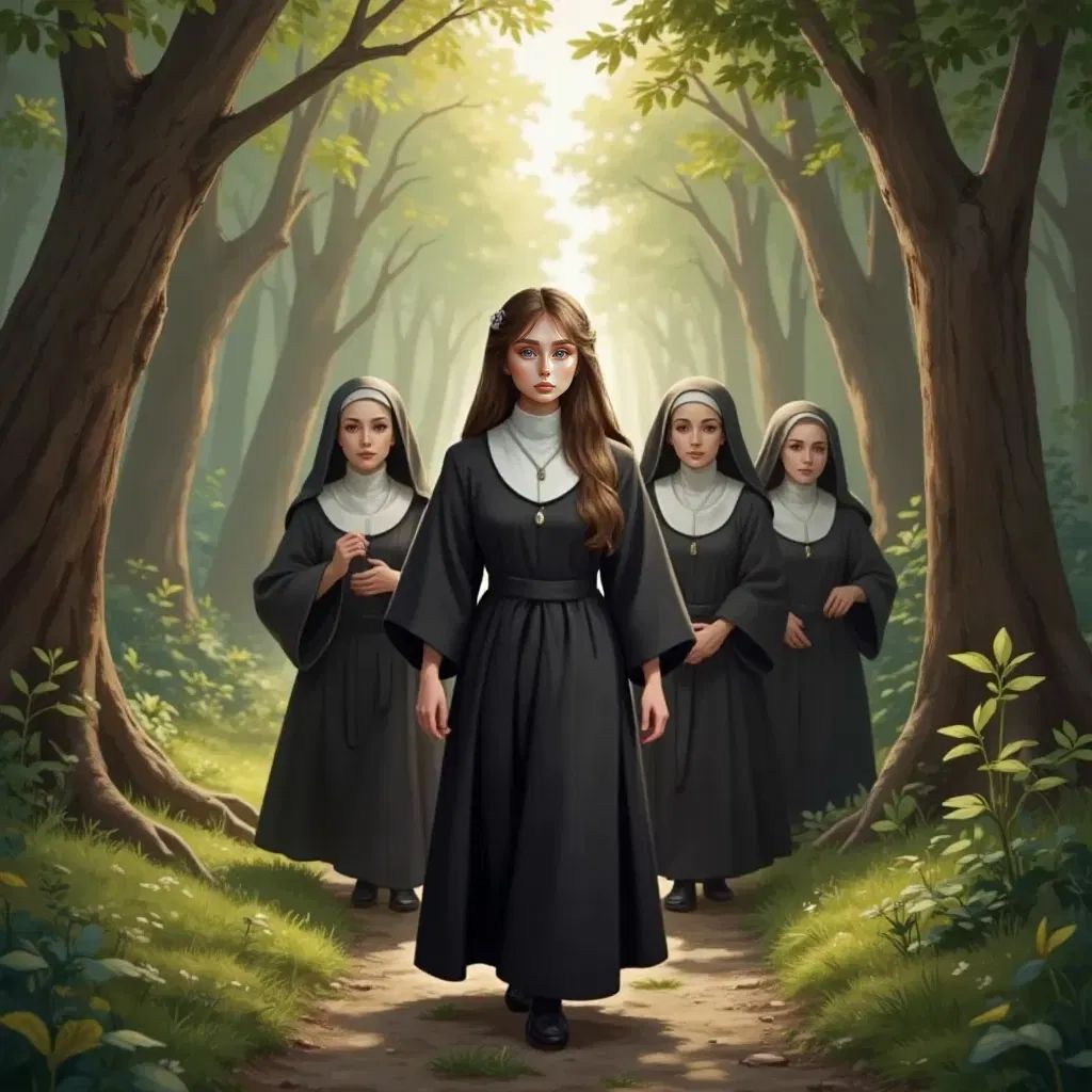 Osyth leading a group of women in nuns habits in the wood