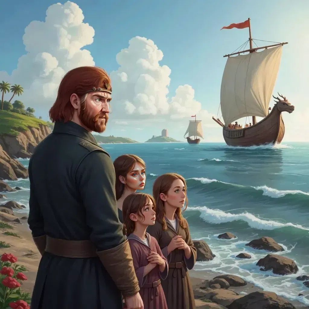 A red-haired Viking with dragon-shaped ships on the horizon, Osyth gathering her sisters calmly